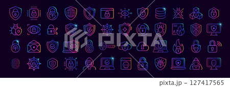 Cybersecurity icon set with neon gradient style. Shield, padlock, firewall, fingerprint, virus, hacker, cloud and data protection symbols for cyber defense, privacy, encryption. Vector illustration 127417565