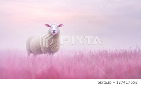 A lively sheep stands in a soft pink meadow during dawn, surrounded by a gentle mist, radiating joy and curiosity in the serene landscape 127417658