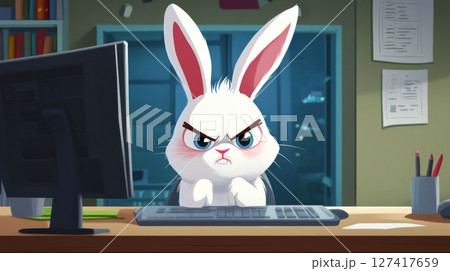 Cute cartoon bunny sits at a computer desk,...のイラスト素材 [127417659] - PIXTA