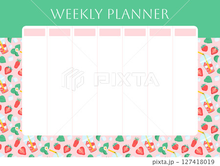 Weekly planner with red strawberry lemonade pattern. Berry, ice cube and foliage on green background. Lifestyle planner for 7 days. Schedule design template. Vector flat illustration 127418019