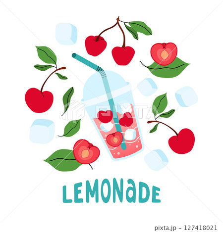 Lemonades, berry, ice cube and leaves icon. Summer square card with cherry. Bright seasonal background for cafes, menus, and advertisements. Food and drinks. Vector flat illustration. 127418021