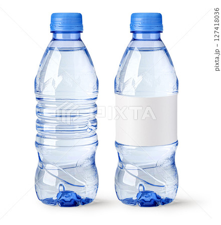 Small water bottles showing front view with blank label and without label 127418036