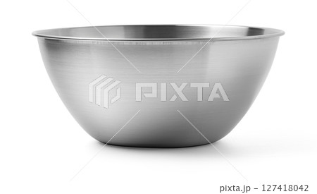 Empty stainless steel mixing bowl on white background 127418042