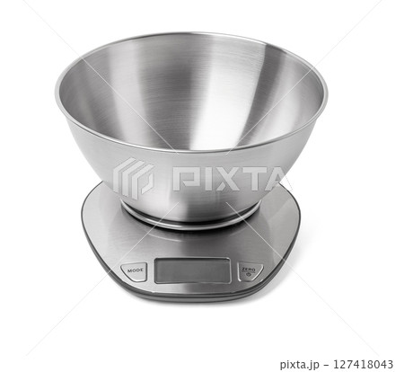 Digital kitchen scale with empty stainless steel bowl on white background 127418043