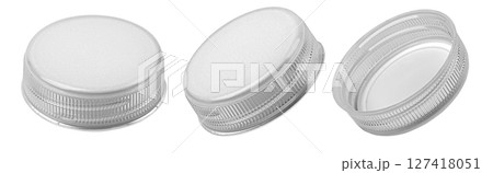 Three plastic bottle caps showing different sides 127418051