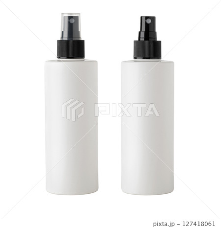 White blank plastic spray bottles for cosmetics product mockup standing on white background White blank plastic spray bottles for cosmetics product mockup standing on white background 127418061