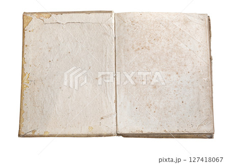 Open old book showing blank pages on white background Open old book showing blank pages on white background 127418067