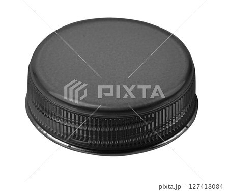 One Black plastic bottle caps showing different sides 127418084