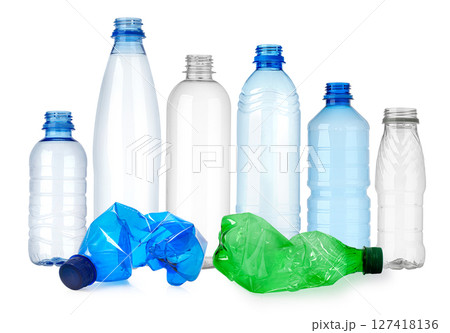 Crushed and empty plastic bottles showing recycling concept 127418136