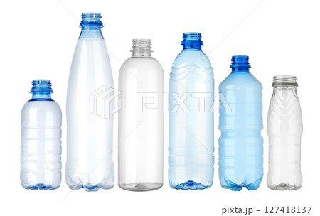 Selection of empty plastic bottles showing variety of shapes and sizes 127418137