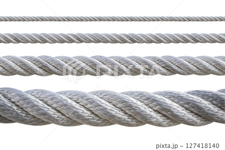 Four grey ropes of different thicknesses lying horizontally on white background 127418140