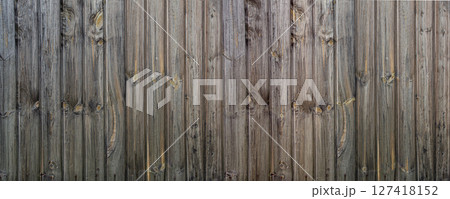 Old weathered gray wood panels creating rustic background texture 127418152