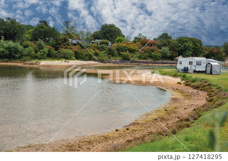 Calm sea bank with camping in Istria, Croatia. Calm sea bank with camping in Istria, Croatia. 127418295