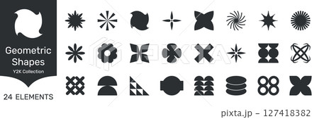 Retro Futuristic Geometric Y2K Decorative Shape Motifs Solid Icon Set. Retro Futuristic Geometric Y2K Decorative Shape Motifs Silhouette Symbol Collection. Isolated Vector Illustration 127418382