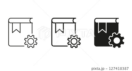 Book With Gear Line and Solid Icon. Knowledge Management, Technical Documentation, And System Configuration Symbol. Educational And Technical Resource. Isolated Vector Illustration 127418387