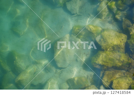 Water surface wits stones on the bottom top view. Background abstracted wallpaper texture 127418584