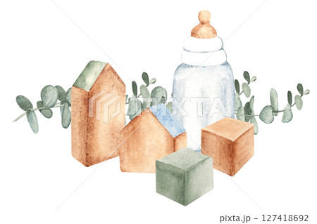 Eco Baby composition. Wooden toys, bottle for milk and eucalyptus branches. Watercolor hand drawn kid illustration isolated on a white background. For baby shower or welcome baby party. 127418692