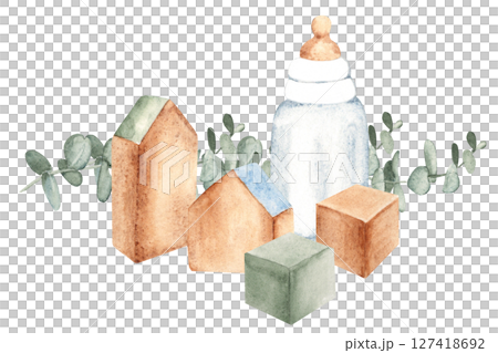 Eco Baby composition. Wooden toys, bottle for milk and eucalyptus branches. Watercolor hand drawn kid illustration isolated on a white background. For baby shower or welcome baby party. 127418692