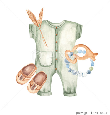 Baby shower Boy composition in eco style. Bodysuit and moccasins, teething ring and spikelets of wheat. Watercolor hand painted kid clothes isolated on a white background. For Its a boy, gender reveal Baby shower Boy composition in eco style. Bodysuit and moccasins, teething ring and spikelets of wheat. Watercolor hand painted kid clothes isolated on a white background. For Its a boy, gender reveal 127418694