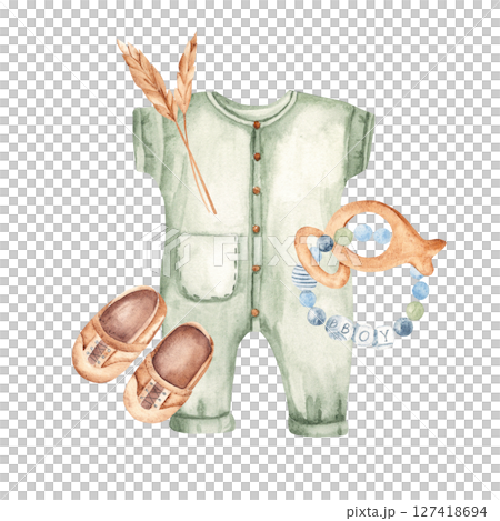 Baby shower Boy composition in eco style. Bodysuit and moccasins, teething ring and spikelets of wheat. Watercolor hand painted kid clothes isolated on a white background. For Its a boy, gender reveal Baby shower Boy composition in eco style. Bodysuit and moccasins, teething ring and spikelets of wheat. Watercolor hand painted kid clothes isolated on a white background. For Its a boy, gender reveal 127418694