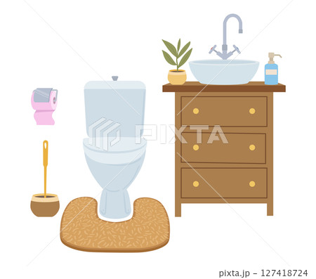 Bathroom interior. Modern bathroom with toilet and sink, convenient toilet interior, flat vector illustration. Cartoon minimalist washroom Bathroom interior. Modern bathroom with toilet and sink, convenient toilet interior, flat vector illustration. Cartoon minimalist washroom 127418724