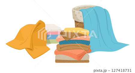 Cartoon towels. Stacked kitchen or bath textile towels, bathroom and shower hygiene elements flat vector illustration. Clean linen stacks 127418731