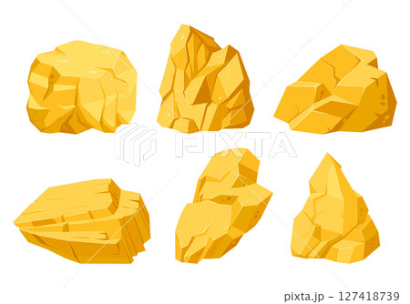 Gold stones. Yellow mine nuggets, golden shiny stones, jewel nuggets flat vector illustration set. Cartoon golden treasure rocks on white 127418739