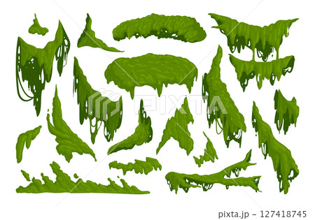 Jungle moss. Hanging and creeping lichen and moss, green moss plants flat vector illustration set. Cartoon rainy forest flora on white Jungle moss. Hanging and creeping lichen and moss, green moss plants flat vector illustration set. Cartoon rainy forest flora on white 127418745