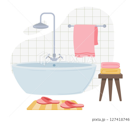 Modern bathroom. Cartoon bathroom interior with bathtub and shower, indoor facilities interior flat vector illustration. Convenient minimalist bathroom 127418746