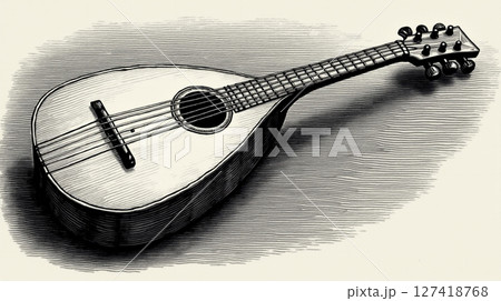 This engraving features a lute, highlighting its unique shape and strings. Crafted during the Renaissance, it reflects the musical heritage of its time and the artistry involved. 127418768