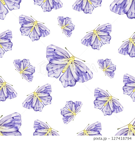 Seamless pattern with watercolor blue butterfly, violet moth for print 127418794