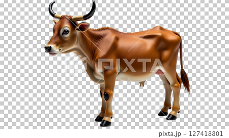 A miniature zebu cow lounges in a vibrant pasture, its small size and prominent hump accentuated by its short light brown coat. Large, playful eyes reflect its curious nature. 127418801