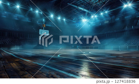 Empty basketball arena, stadium, sports ground with flashlights and fan sits 127418836
