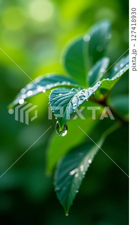 Soft morning light captures glistening droplets atop lush green leaves, showcasing nature's beauty in a peaceful garden atmosphere filled with fresh scents Generative AI 127418930