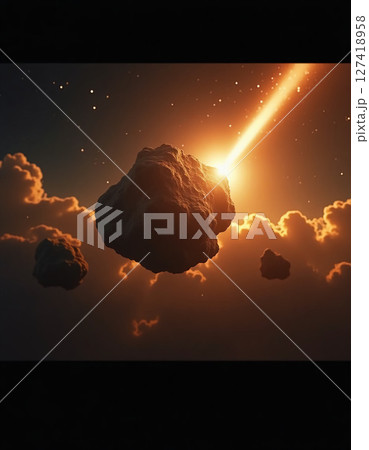 An asteroid blazes through a dim sky, casting brilliant light on scattered clouds below. The cosmic event captivates as dusk enhances the ethereal atmosphere and the vastness of space Generative AI 127418958