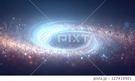 Rotating Neon Rings and Luminous Particles Create a Vibrant Sci Fi Portal in a Cosmic Backdrop 127418981