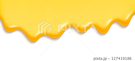 Golden honey or ice cream melt flowing down - glossy yellow liquid drip with wavy border. Sweet dessert topping for summer treats, food packaging designs or confectionery graphic illustrations. 127419186