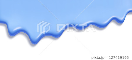 Glossy blue melt dripping ice cream texture - smooth blueberry liquid flow on white surface. Bright dessert topping with wavy border for sweet food designs, candy artwork or frozen treat visuals. 127419196