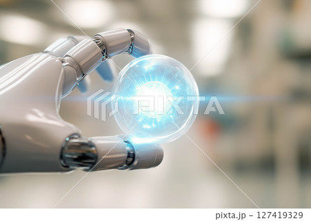 Robotic hand interacts with glowing neural network core in high tech laboratory setting Robotic hand interacts with glowing neural network core in high tech laboratory setting 127419329