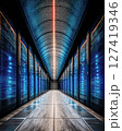 Cyberpunk Aesthetic Showcases a Modern Data Center Illuminated With Vibrant Blue Lights 127419346