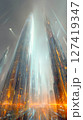 Digital cityscape showcases transparent skyscrapers and flying drones at night 127419347