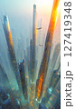 Digital cityscape features transparent skyscrapers and flying drones in illuminated grid lines 127419348