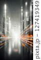 Digital cityscape featuring transparent skyscrapers and flying drones navigating illuminated grids 127419349