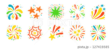Crayon doodle firework symbol. Hand drawn firework pencil sketch. Chalk color magic sparkle. Crayon texture starburst. Vector illustration on white background 127419385