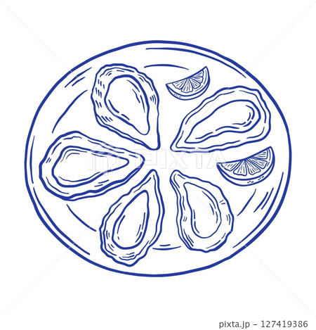 Hand-drawn oyster plate with lemon vector illustration. Doodle seafood mussel delicacy. La dolce vita Italian style. 127419386