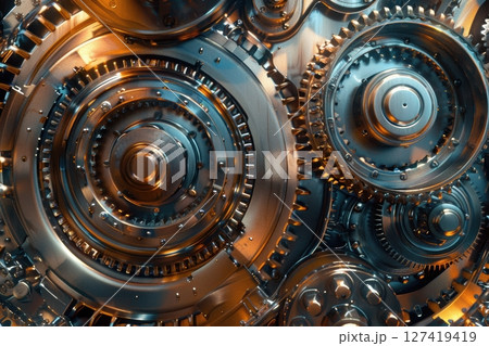 Industrial Machine Parts Abstract Composition with Gears, Bearings, and Hydraulic Components Industrial Machine Parts Abstract Composition with Gears, Bearings, and Hydraulic Components 127419419