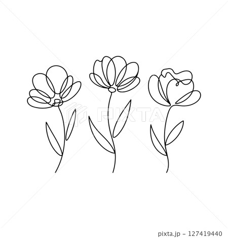Continuous Line Garden. A trio of elegant flowers drawn in a single flowing line. Continuous Line Garden. A trio of elegant flowers drawn in a single flowing line. 127419440