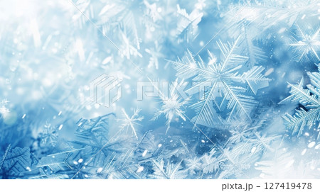 Winter Wonderland: Abstract Icy Blue and Frosty White Background with Crystalline Snowflakes 127419478