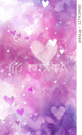 Abstract Valentine's Day Watercolor Background with Heart Shapes and Light Sparkles in Pink and Violet Hues 127419480