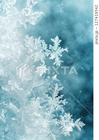 Abstract Winter Background Featuring Crystalline Snowflakes on Icy Blue Gradient - Perfect for Winter Aesthetics 127419542